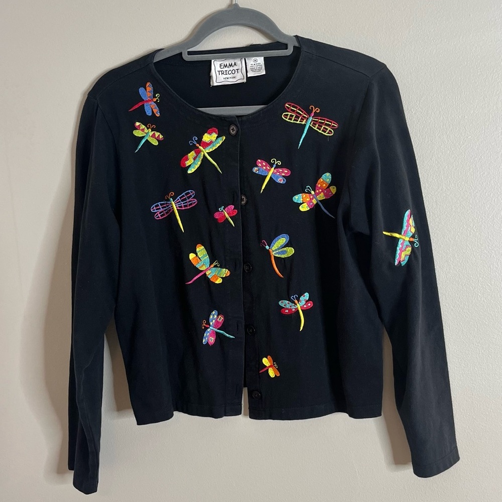 Emma Tricot Size Medium Dragonfly Embroidered Black Cotton Sweater BSB